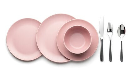 Sophisticated Dusty Rose Tableware: Plates, Bowl, Silverware Arrangement on White, Flat Lay, Elegant Dining Set, Contemporary Table Setting, Minimalist Style, Culinary Presentation