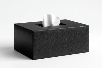 Black rectangular tissue box with textured surface and exposed white tissue on white background. Studio photo with soft lighting. Hygiene and household product concept. Design for banner, print