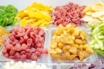 colorful sweets on the market counter