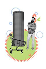 Vertical art banner collage of happy man stand trolley coin income black friday shopping spend...