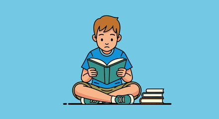 Young student absorbed in an educational book while sitting cross-legged pose on floor
