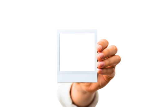 Hand holding a blank polaroid photo frame isolated on transparent background