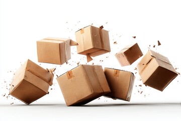 Multiple brown cardboard boxes flying and breaking apart in mid-air on white background. Studio photo with dynamic motion effect. Packaging, shipping, and logistics concept. Design for banner, poster