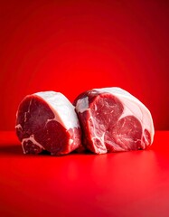 Two Raw Beef Steaks on Vibrant Red Background