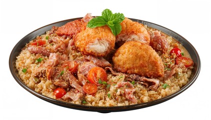 Fototapeta premium Traditional main dish featuring assorted meats, offal, vegetables, sweets, and semolina
