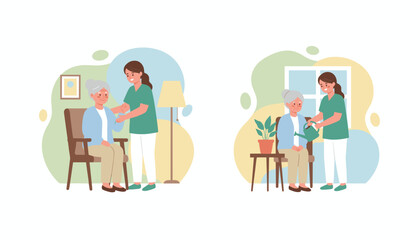 Compassionate caregiver assisting senior woman with home health and daily activities