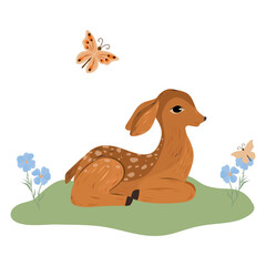 Fawn on a meadow vector illustration, Cute animal scene. Flowers and butterflies composition