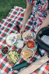 Mother preparing a picnic spread with healthy food on a checkered blanket in a park