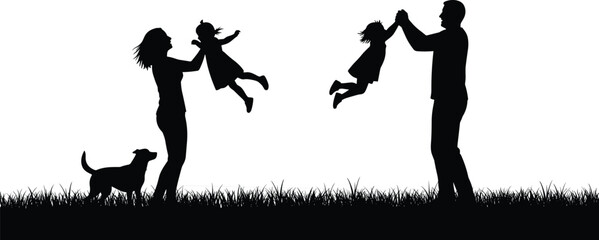 Family silhouette illustration, parents lifting children, joyful outdoor bonding, happy childhood moment, dog with family, playful lifestyle scene, 