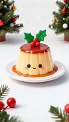 Cute 3D pudding plate character with holly on top festive color minimal toy on clean white space