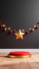 Little garland star floating above floor, minimal 3D cute Christmas toy with gold red palette