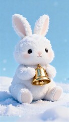 Small snow bunny holding golden bell, minimal Christmas 3D cute toy, festive holiday decoration