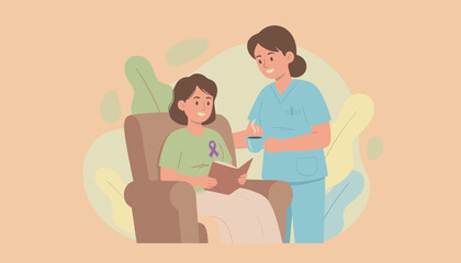 Nurse giving emotional support to patient reading in armchair Recovery care and health concept