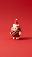 Tiny pinecone creature wearing Christmas hat cute 3D toy decoration minimal red beige festive design