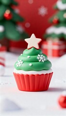 Cute small cupcake with star topping, minimal 3D art toy in Christmas bakery pastel festive style