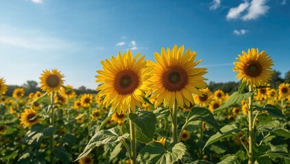 Fototapeta premium Vibrant yellow sunflowers in a sunny summer field, showcasing seasonal beauty