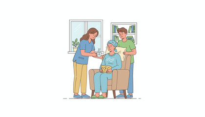Nurse and man provide kind home care to a patient recovering in a chair with a comforting cat