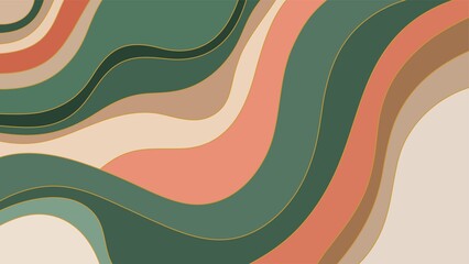 Abstract wavy background with green, brown, and pink colors and golden lines