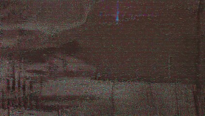 Color distortion effect with pixel noise and signal interference, featuring dark blue, green, and pink grainy static artifacts on an abstract background.