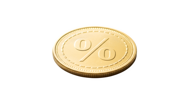Golden coin with percent symbol engraved isolated on transparent background