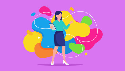 Professional woman presenting information on a tablet against a vibrant abstract background