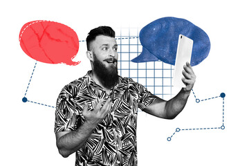 Poster trend sketch template 3D photo collage of young guy blogger broadcasting hand hold tablet...