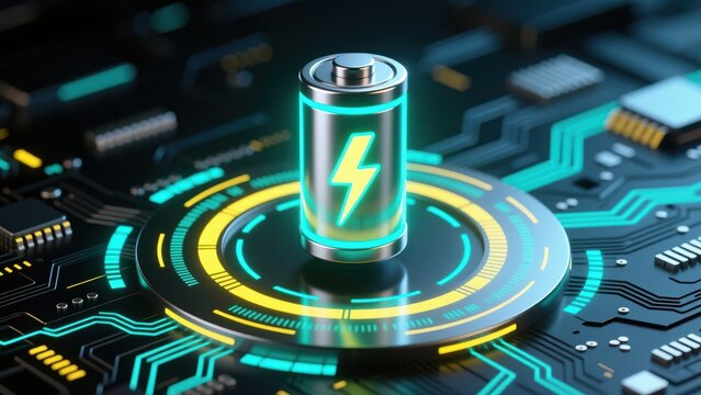 A glowing energy battery hovering above holographic interface showing renewable power tech, sustainable & green manufacturing concept