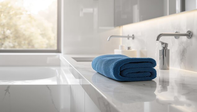 Blue bath towel in a white bathroom setting, ideal for a spa-like atmosphere