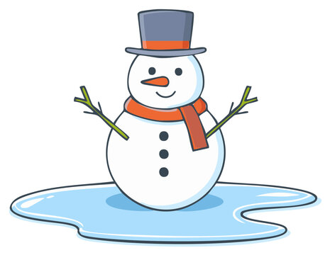 Cartoon Snowman Melting in Puddle Wearing Hat and Scarf Winter Season Concept