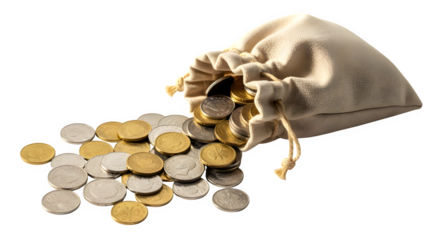 A drawstring pouch spilling gold and silver coins onto a dark surface isolated on transparent background
