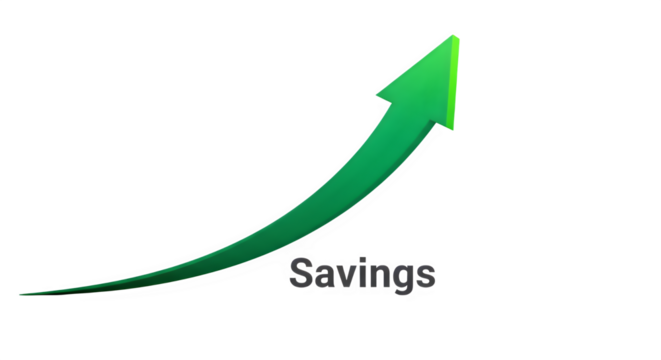 Green upward trending arrow with the word savings isolated on transparent background - Powered by Adobe