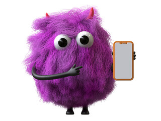 Fluffy, cute monster holding a phone, symbolizing tech support or communication. 3D rendering, conceptual image. Isolated on white background. © Jane