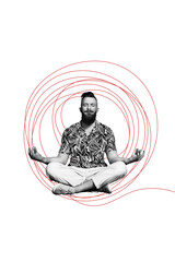 Vertical photo collage of serious man do yoga retreat asana buddhism om ritual harmony focus...