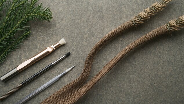 Tools for eyebrow shaping and tinting, beauty trends in lasting makeup, green theme, natural face, henna application, cosmetology gear, permanent cosmetics icon