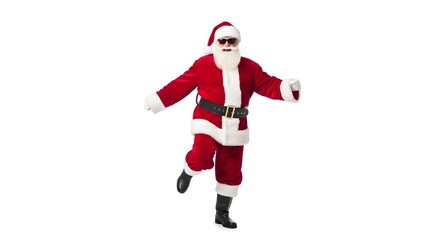 A cool Santa Claus in a red suit and sunglasses walking happily. He is ready for a Christmas holiday celebration