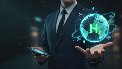 A businessman holding a glowing holographic earth with hâ‚‚ symbol showing clean hydrogen energy, sustainable & green manufacturing concept