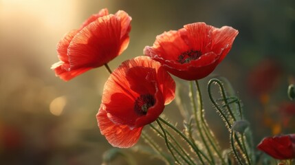 Obraz premium Bright Red Poppies in Soft Morning Light with Delicate Petals and Lush Green Stems Against a Warm Background