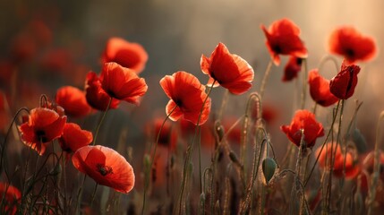 Fototapeta premium Vibrant Red Poppies Blossoming in a Sunlit Field Capturing Nature's Beauty in Soft Focus During Golden Hour