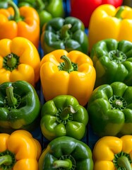 Vibrant Arrangement of Green, Yellow, and Red Bell Peppers, Close-Up View