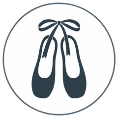 Elegant pair of classic ballet pointe shoes tied with a ribbon in a circular silhouette icon