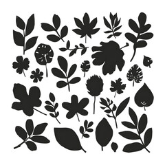 Various black silhouettes of leaves, foliage, and plants, perfect for design and decoration