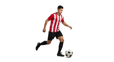 A soccer player dribbles the ball on a field, showcasing agility and skill