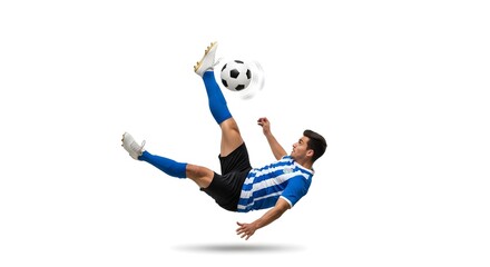 A soccer player performs a stunning overhead kick with the ball in mid-air. The player is in action with a dynamic pose, set against a blurred background. 