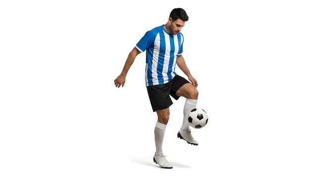 A soccer player controlling the ball with his feet, showcasing skillful technique and focus. He's dressed in a striped jersey and sports attire.