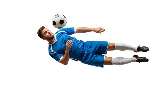 A soccer player in mid-air controlling the ball with his head during a match. He's wearing a blue uniform and focused on the game.