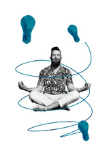 Vertical image collage young man sit meditation find solution invention lightbulb lamp electrical...