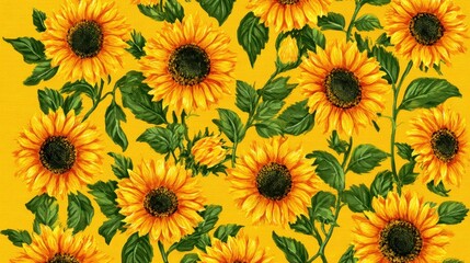 Bright, cheerful sunflowers bloom against a sunny yellow backdrop. The design radiates warmth, perfect for summer-themed decorations and uplifting spaces.