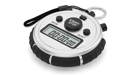 A silver stopwatch with a digital display