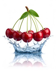Vibrant Cherries Suspended Above Water Splash with Leafy Stems on White Background