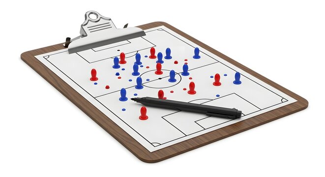 A strategic soccer plan laid out on a clipboard, ready for game day. The formation is depicted with red and blue player pins